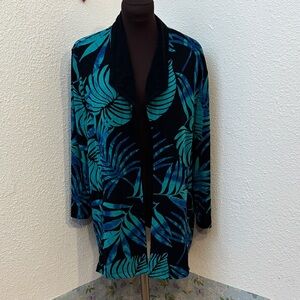 Autonomy tropical black and teal leaf print open jacket. Size XL.